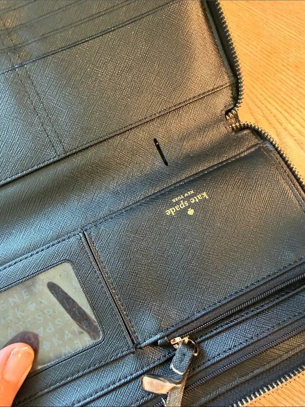 kate spade black zip-around saffiano leather wallet